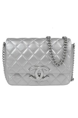 Chanel Chain Shoulder Bag Silver Lambskin Quilted Big CC Logo